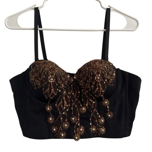 Beaded sequin 3D floral Crop bustier bra top gold black removable straps large - Picture 1 of 16